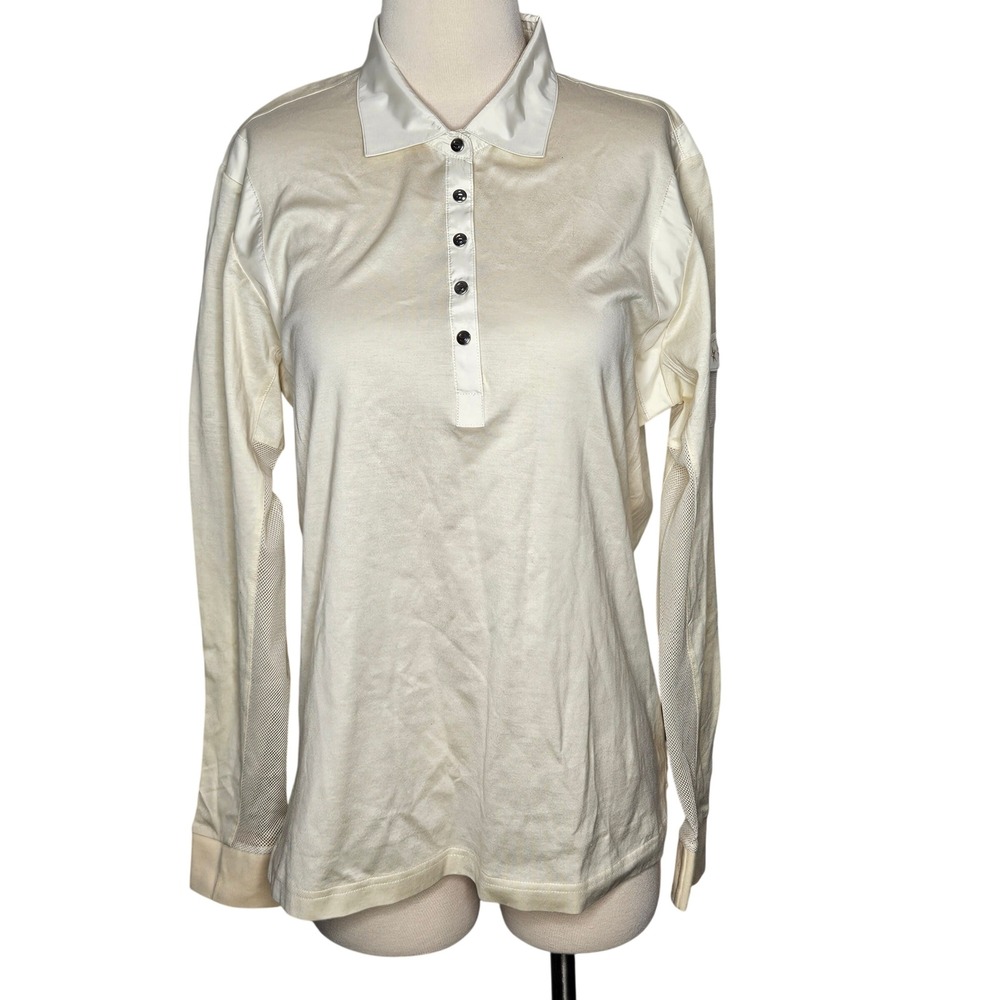 SanSoleil Long Sleeve Cotton Polo Shirt‎ Cream UPF 20+ Mesh Vent Star L NWT